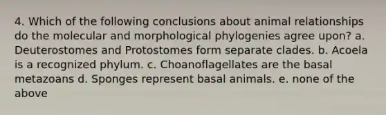 4. Which of the following conclusions about animal relationships do the molecular and morphological phylogenies agree upon? a. Deuterostomes and Protostomes form separate clades. b. Acoela is a recognized phylum. c. Choanoflagellates are the basal metazoans d. Sponges represent basal animals. e. none of the above