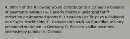 4. Which of the following would contribute to a Canadian balance of payments surplus? A. Canada makes a unilateral tariff reduction on imported goods B. Canadian Pacific pays a dividend to a Swiss stockholder C. Canada cuts back on Canadian military personnel stationed in Germany D. Russian vodka becomes increasingly popular in Canada