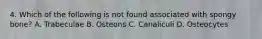 4. Which of the following is not found associated with spongy bone? A. Trabeculae B. Osteons C. Canaliculi D. Osteocytes