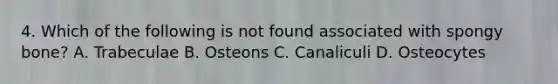 4. Which of the following is not found associated with spongy bone? A. Trabeculae B. Osteons C. Canaliculi D. Osteocytes