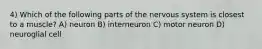 4) Which of the following parts of the nervous system is closest to a muscle? A) neuron B) interneuron C) motor neuron D) neuroglial cell