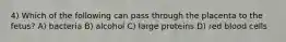 4) Which of the following can pass through the placenta to the fetus? A) bacteria B) alcohol C) large proteins D) red blood cells