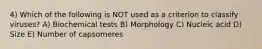 4) Which of the following is NOT used as a criterion to classify viruses? A) Biochemical tests B) Morphology C) Nucleic acid D) Size E) Number of capsomeres