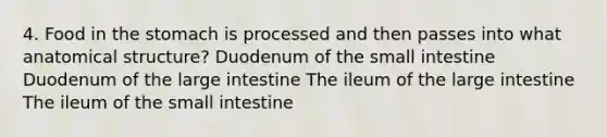 4. Food in the stomach is processed and then passes into what anatomical structure? Duodenum of the small intestine Duodenum of the large intestine The ileum of the large intestine The ileum of the small intestine