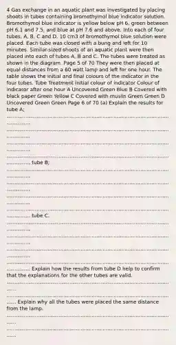 4 Gas exchange in an aquatic plant was investigated by placing shoots in tubes containing bromothymol blue indicator solution. Bromothymol blue indicator is yellow below pH 6, green between pH 6.1 and 7.5, and blue at pH 7.6 and above. Into each of four tubes, A, B, C and D, 10 cm3 of bromothymol blue solution were placed. Each tube was closed with a bung and left for 10 minutes. Similar-sized shoots of an aquatic plant were then placed into each of tubes A, B and C. The tubes were treated as shown in the diagram. Page 5 of 70 They were then placed at equal distances from a 60 watt lamp and left for one hour. The table shows the initial and final colours of the indicator in the four tubes. Tube Treatment Initial colour of indicator Colour of indicator after one hour A Uncovered Green Blue B Covered with black paper Green Yellow C Covered with muslin Green Green D Uncovered Green Green Page 6 of 70 (a) Explain the results for tube A; ...................................................................................................................... ...................................................................................................................... ...................................................................................................................... ...................................................................................................................... tube B; ...................................................................................................................... ...................................................................................................................... ...................................................................................................................... ...................................................................................................................... tube C. ...................................................................................................................... ...................................................................................................................... ...................................................................................................................... ...................................................................................................................... Explain how the results from tube D help to confirm that the explanations for the other tubes are valid. ............................................................................................................. ............................................................................................................. Explain why all the tubes were placed the same distance from the lamp. ............................................................................................................. .............................................................................................................