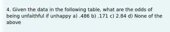 4. Given the data in the following table, what are the odds of being unfaithful if unhappy a) .486 b) .171 c) 2.84 d) None of the above