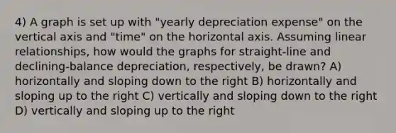 4) A graph is set up with "yearly depreciation expense" on the vertical axis and "time" on the horizontal axis. Assuming linear relationships, how would the graphs for straight-line and declining-balance depreciation, respectively, be drawn? A) horizontally and sloping down to the right B) horizontally and sloping up to the right C) vertically and sloping down to the right D) vertically and sloping up to the right