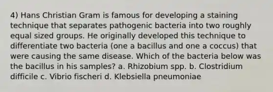 4) Hans Christian Gram is famous for developing a staining technique that separates pathogenic bacteria into two roughly equal sized groups. He originally developed this technique to differentiate two bacteria (one a bacillus and one a coccus) that were causing the same disease. Which of the bacteria below was the bacillus in his samples? a. Rhizobium spp. b. Clostridium difficile c. Vibrio fischeri d. Klebsiella pneumoniae