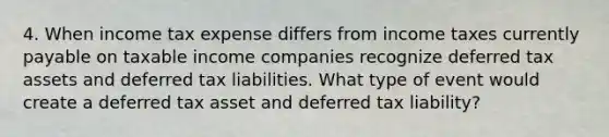 4. When income tax expense differs from income taxes currently payable on taxable income companies recognize deferred tax assets and deferred tax liabilities. What type of event would create a deferred tax asset and deferred tax liability?