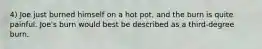 4) Joe just burned himself on a hot pot, and the burn is quite painful. Joe's burn would best be described as a third-degree burn.