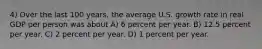 4) Over the last 100 years, the average U.S. growth rate in real GDP per person was about A) 6 percent per year. B) 12.5 percent per year. C) 2 percent per year. D) 1 percent per year.