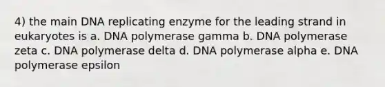 4) the main DNA replicating enzyme for the leading strand in eukaryotes is a. DNA polymerase gamma b. DNA polymerase zeta c. DNA polymerase delta d. DNA polymerase alpha e. DNA polymerase epsilon