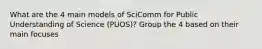 What are the 4 main models of SciComm for Public Understanding of Science (PUOS)? Group the 4 based on their main focuses