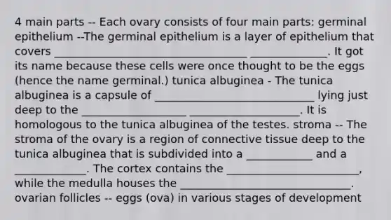 4 main parts -- Each ovary consists of four main parts: germinal epithelium --The germinal epithelium is a layer of epithelium that covers ___________________________________ ______________. It got its name because these cells were once thought to be the eggs (hence the name germinal.) tunica albuginea - The tunica albuginea is a capsule of _____________________________ lying just deep to the ___________________ ____________________. It is homologous to the tunica albuginea of the testes. stroma -- The stroma of the ovary is a region of connective tissue deep to the tunica albuginea that is subdivided into a ____________ and a _____________. The cortex contains the ________________________, while the medulla houses the _______________________________. ovarian follicles -- eggs (ova) in various stages of development