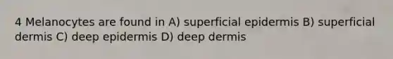 4 Melanocytes are found in A) superficial epidermis B) superficial dermis C) deep epidermis D) deep dermis