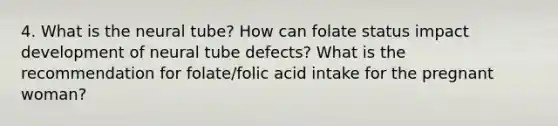 4. What is the neural tube? How can folate status impact development of neural tube defects? What is the recommendation for folate/folic acid intake for the pregnant woman?