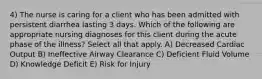 4) The nurse is caring for a client who has been admitted with persistent diarrhea lasting 3 days. Which of the following are appropriate nursing diagnoses for this client during the acute phase of the illness? Select all that apply. A) Decreased Cardiac Output B) Ineffective Airway Clearance C) Deficient Fluid Volume D) Knowledge Deficit E) Risk for Injury