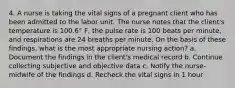 4. A nurse is taking the vital signs of a pregnant client who has been admitted to the labor unit. The nurse notes that the client's temperature is 100.6° F, the pulse rate is 100 beats per minute, and respirations are 24 breaths per minute. On the basis of these findings, what is the most appropriate nursing action? a. Document the findings in the client's medical record b. Continue collecting subjective and objective data c. Notify the nurse-midwife of the findings d. Recheck the vital signs in 1 hour