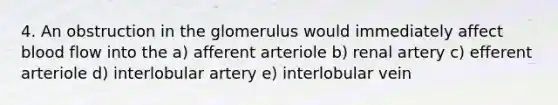 4. An obstruction in the glomerulus would immediately affect blood flow into the a) afferent arteriole b) renal artery c) efferent arteriole d) interlobular artery e) interlobular vein