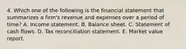 4. Which one of the following is the financial statement that summarizes a firm's revenue and expenses over a period of time? A. Income statement. B. Balance sheet. C. Statement of cash flows. D. Tax reconciliation statement. E. Market value report.