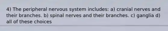 4) The peripheral <a href='https://www.questionai.com/knowledge/kThdVqrsqy-nervous-system' class='anchor-knowledge'>nervous system</a> includes: a) <a href='https://www.questionai.com/knowledge/kE0S4sPl98-cranial-nerves' class='anchor-knowledge'>cranial nerves</a> and their branches. b) <a href='https://www.questionai.com/knowledge/kyBL1dWgAx-spinal-nerves' class='anchor-knowledge'>spinal nerves</a> and their branches. c) ganglia d) all of these choices