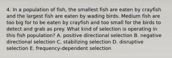 4. In a population of fish, the smallest fish are eaten by crayfish and the largest fish are eaten by wading birds. Medium fish are too big for to be eaten by crayfish and too small for the birds to detect and grab as prey. What kind of selection is operating in this fish population? A. positive directional selection B. negative directional selection C. stabilizing selection D. disruptive selection E. frequency-dependent selection