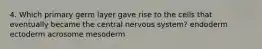 4. Which primary germ layer gave rise to the cells that eventually became the central nervous system? endoderm ectoderm acrosome mesoderm