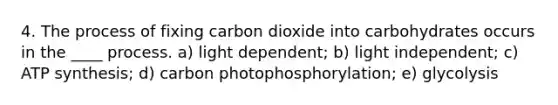 4. The process of fixing carbon dioxide into carbohydrates occurs in the ____ process. a) light dependent; b) light independent; c) <a href='https://www.questionai.com/knowledge/kx3XpCJrFz-atp-synthesis' class='anchor-knowledge'>atp synthesis</a>; d) carbon photophosphorylation; e) glycolysis