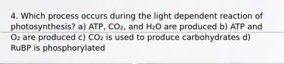 4. Which process occurs during the light dependent reaction of photosynthesis? a) ATP, CO₂, and H₂O are produced b) ATP and O₂ are produced c) CO₂ is used to produce carbohydrates d) RuBP is phosphorylated