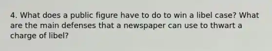 4. What does a public figure have to do to win a libel case? What are the main defenses that a newspaper can use to thwart a charge of libel?