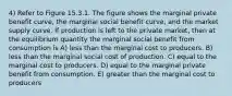 4) Refer to Figure 15.3.1. The figure shows the marginal private benefit curve, the marginal social benefit curve, and the market supply curve. If production is left to the private market, then at the equilibrium quantity the marginal social benefit from consumption is A) less than the marginal cost to producers. B) less than the marginal social cost of production. C) equal to the marginal cost to producers. D) equal to the marginal private benefit from consumption. E) greater than the marginal cost to producers