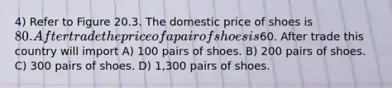 4) Refer to Figure 20.3. The domestic price of shoes is 80. After trade the price of a pair of shoes is60. After trade this country will import A) 100 pairs of shoes. B) 200 pairs of shoes. C) 300 pairs of shoes. D) 1,300 pairs of shoes.