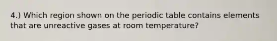 4.) Which region shown on <a href='https://www.questionai.com/knowledge/kIrBULvFQz-the-periodic-table' class='anchor-knowledge'>the periodic table</a> contains elements that are unreactive gases at room temperature?