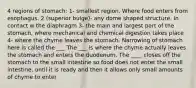 4 regions of stomach: 1- smallest region. Where food enters from esophagus. 2 (superior bulge)- any dome shaped structure. In contact w the diaphragm 3- the main and largest part of the stomach, where mechanical and chemical digestion takes place 4- where the chyme leaves the stomach. Narrowing of stomach here is called the ___ The ___ is where the chyme actually leaves the stomach and enters the duodenum. The ____ closes off the stomach to the small intestine so food does not enter the small intestine, until it is ready and then it allows only small amounts of chyme to enter