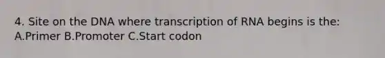 4. Site on the DNA where transcription of RNA begins is the: A.Primer B.Promoter C.Start codon