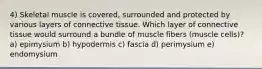 4) Skeletal muscle is covered, surrounded and protected by various layers of connective tissue. Which layer of connective tissue would surround a bundle of muscle fibers (muscle cells)? a) epimysium b) hypodermis c) fascia d) perimysium e) endomysium