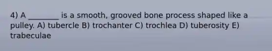 4) A ________ is a smooth, grooved bone process shaped like a pulley. A) tubercle B) trochanter C) trochlea D) tuberosity E) trabeculae