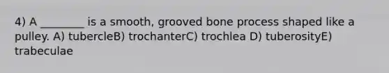 4) A ________ is a smooth, grooved bone process shaped like a pulley. A) tubercleB) trochanterC) trochlea D) tuberosityE) trabeculae