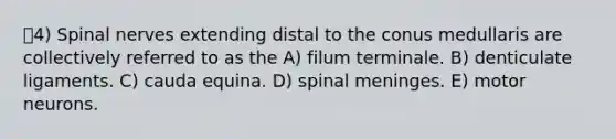 4) <a href='https://www.questionai.com/knowledge/kyBL1dWgAx-spinal-nerves' class='anchor-knowledge'>spinal nerves</a> extending distal to the conus medullaris are collectively referred to as the A) filum terminale. B) denticulate ligaments. C) cauda equina. D) spinal meninges. E) motor neurons.