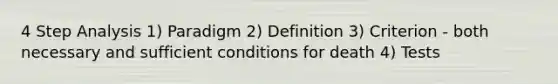 4 Step Analysis 1) Paradigm 2) Definition 3) Criterion - both necessary and sufficient conditions for death 4) Tests