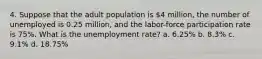 4. Suppose that the adult population is 4 million, the number of unemployed is 0.25 million, and the labor-force participation rate is 75%. What is the unemployment rate? a. 6.25% b. 8.3% c. 9.1% d. 18.75%