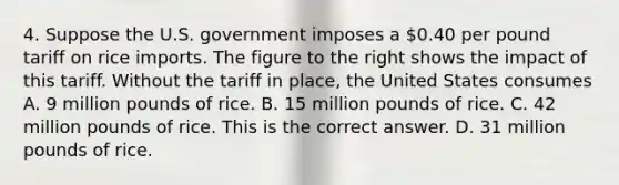 4. Suppose the U.S. government imposes a​ 0.40 per pound tariff on rice imports. The figure to the right shows the impact of this tariff. Without the tariff in​ place, the United States consumes A. 9 million pounds of rice. B. 15 million pounds of rice. C. 42 million pounds of rice. This is the correct answer. D. 31 million pounds of rice.