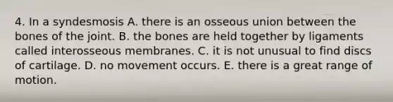 4. In a syndesmosis A. there is an osseous union between the bones of the joint. B. the bones are held together by ligaments called interosseous membranes. C. it is not unusual to find discs of cartilage. D. no movement occurs. E. there is a great range of motion.