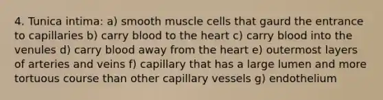 4. Tunica intima: a) smooth muscle cells that gaurd the entrance to capillaries b) carry blood to the heart c) carry blood into the venules d) carry blood away from the heart e) outermost layers of arteries and veins f) capillary that has a large lumen and more tortuous course than other capillary vessels g) endothelium