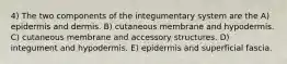 4) The two components of the integumentary system are the A) epidermis and dermis. B) cutaneous membrane and hypodermis. C) cutaneous membrane and accessory structures. D) integument and hypodermis. E) epidermis and superficial fascia.