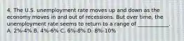 4. The U.S. unemployment rate moves up and down as the economy moves in and out of recessions. But over time, the unemployment rate seems to return to a range of ____________. A. 2%-4% B. 4%-6% C. 6%-8% D. 8%-10%