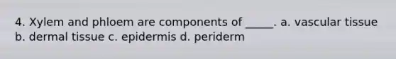4. Xylem and phloem are components of _____. a. <a href='https://www.questionai.com/knowledge/k1HVFq17mo-vascular-tissue' class='anchor-knowledge'>vascular tissue</a> b. <a href='https://www.questionai.com/knowledge/kRKdINDJId-dermal-tissue' class='anchor-knowledge'>dermal tissue</a> c. epidermis d. periderm