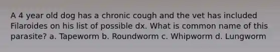 A 4 year old dog has a chronic cough and the vet has included Filaroides on his list of possible dx. What is common name of this parasite? a. Tapeworm b. Roundworm c. Whipworm d. Lungworm