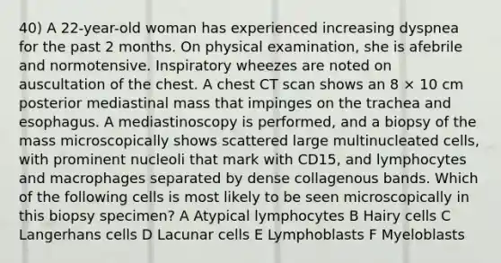 40) A 22-year-old woman has experienced increasing dyspnea for the past 2 months. On physical examination, she is afebrile and normotensive. Inspiratory wheezes are noted on auscultation of the chest. A chest CT scan shows an 8 × 10 cm posterior mediastinal mass that impinges on the trachea and esophagus. A mediastinoscopy is performed, and a biopsy of the mass microscopically shows scattered large multinucleated cells, with prominent nucleoli that mark with CD15, and lymphocytes and macrophages separated by dense collagenous bands. Which of the following cells is most likely to be seen microscopically in this biopsy specimen? A Atypical lymphocytes B Hairy cells C Langerhans cells D Lacunar cells E Lymphoblasts F Myeloblasts