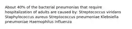 About 40% of the bacterial pneumonias that require hospitalization of adults are caused by: Streptococcus viridans Staphylococcus aureus Streptococcus pneumoniae Klebsiella pneumoniae Haemophilus influenza